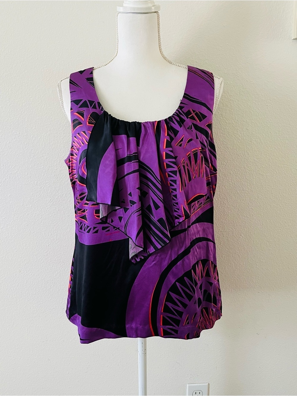 Silk Purple & Black Printed Sleeveless Ruffle Top